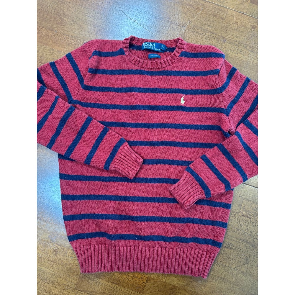 Polo Ralph Lauren Sweater Mens S Red Blue Striped Cotton Crewneck Logo